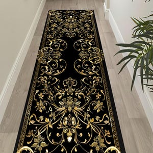Black and Gold Runner Rug: Ornate Baroque Hallway Carpet