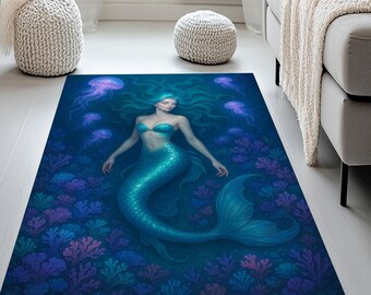 Mermaid Ocean Rug: Deep Blue Jellyfish Carpet, Elegant Sea Goddess Design, Fantasy Underwater Decor