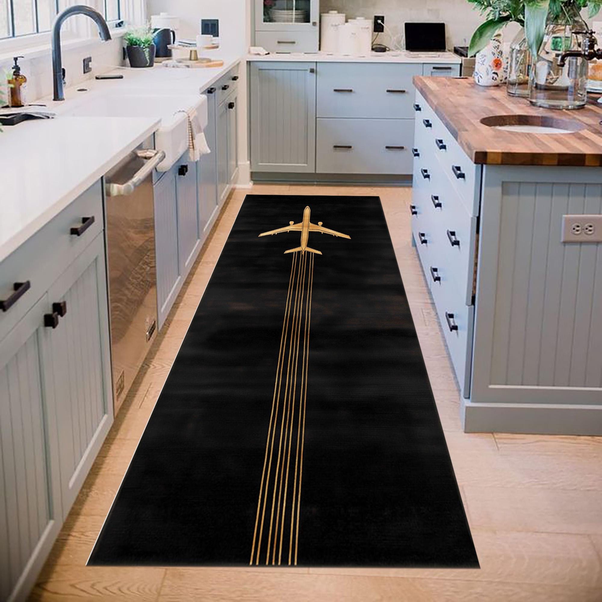 Airplane Runway Rug: Black Gold Jet Carpet, Modern Aviation Design ...