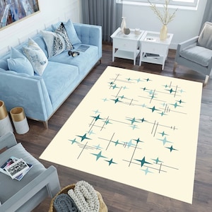 Mid Century Modern Rug: Abstract Starburst Design, Anti-Slip Cotton Woven Base