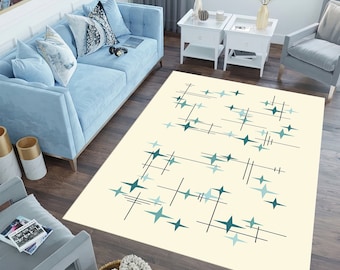 Alfombra moderna de mediados de siglo: diseño abstracto de estrellas, base de algodón antideslizante