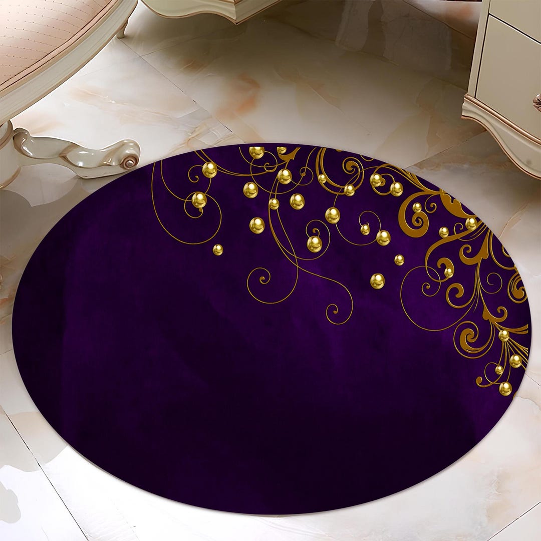 Purple Gold Round Rug: Elegant Swirl Carpet, Royal Luxury Design, Glam ...