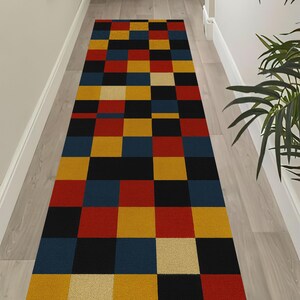Colorblock Grid Runner Rug: Modern Geometric Patchwork Carpet, Bold Multicolor Squares Pattern Hallway Kitchen