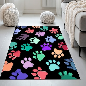 tappeto con zampe colorate, tappeto multicolore per animali, tappeto con sfondo nero, tappeto con animali divertenti, impronta di zampa di cane e gatto, arredamento per cameretta, tappeto con zampe di animali dai colori vivaci, tappeto con zampe di cartone animato