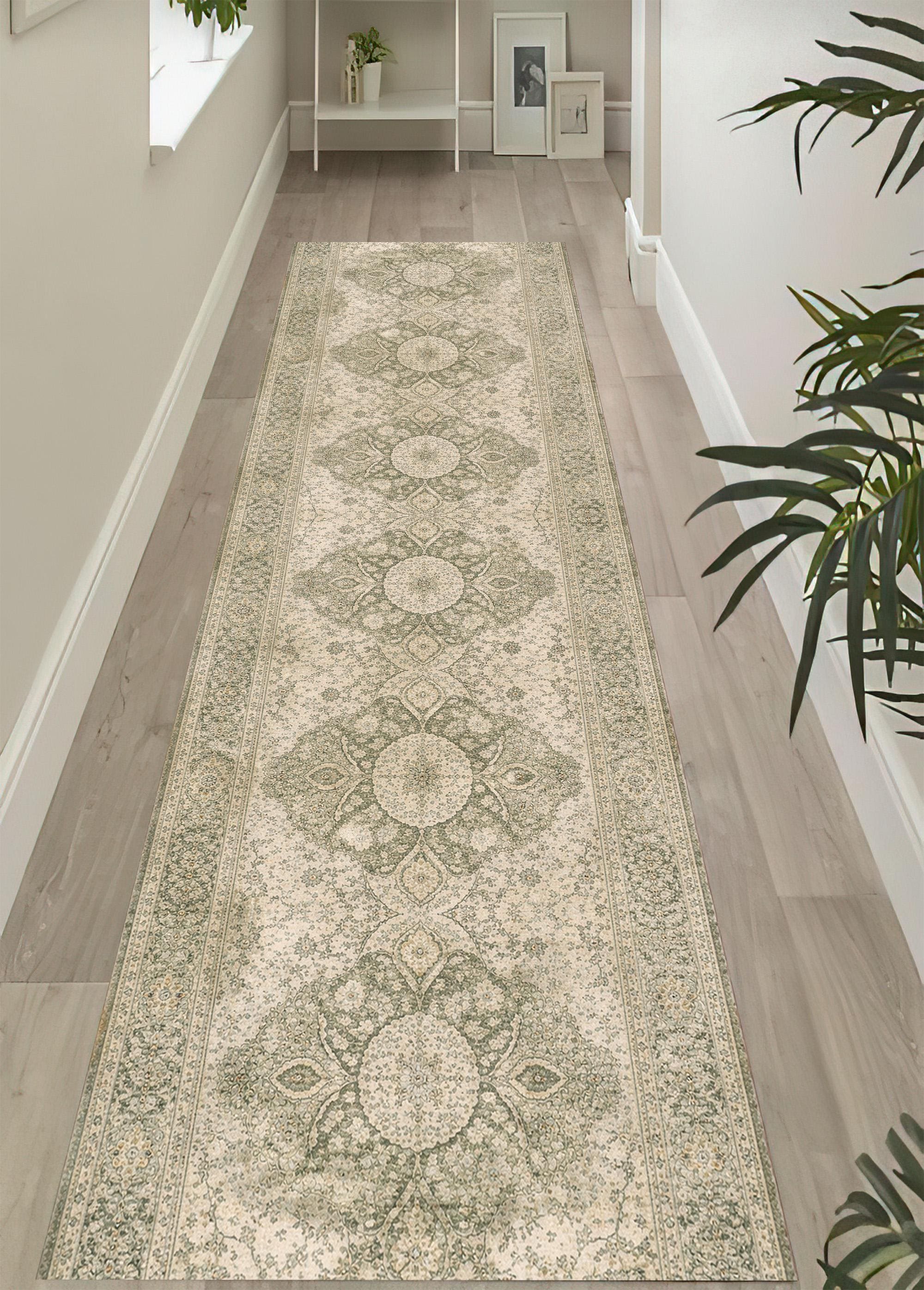 Soft Green Runner Rug: Neutral Floral Beige Green Ornate Pattern Carpet ...