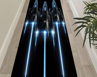 Tappeto da corridoio futuristico con astronave, tappeto da corridoio fantascientifico nero con scie luminose blu neon