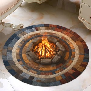 May include: A round rug with a campfire design. The center features a realistic image of a burning fire surrounded by stones. The rug has concentric circles of various colors, including blue, brown, and orange, resembling a brick pattern.
