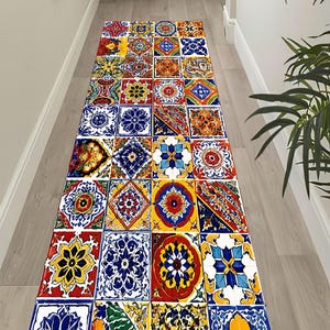 May include: A long rectangular runner rug featuring a vibrant patchwork design of square tiles. Each tile displays distinct, intricate patterns in bold colors including deep blue, bright yellow, fiery red, and emerald green, creating a mosaic effect.
