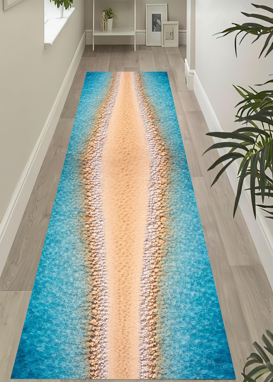 Stone Path Rug Beach Sand Runner Rug: Coastal Path Carpet, Turquoise Sea Stones, Non ...