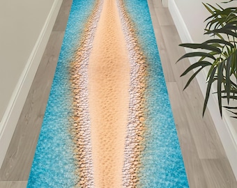 Beach Sand Runner Rug: Coastal Path Carpet, Turquoise Sea Stones, Non Slip Hallway Decor