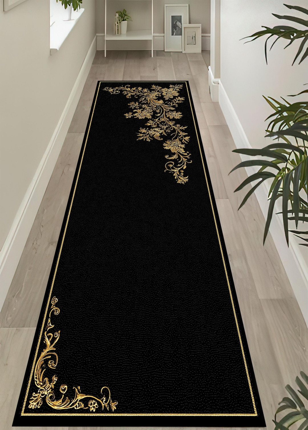 Baroque Gold Runner Rug: Elegant Black Carpet, Luxury Floral Pattern ...