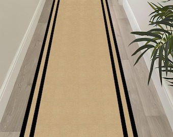 Minimalist Beige Runner Rug: Modern Hallway Carpet with Black Border