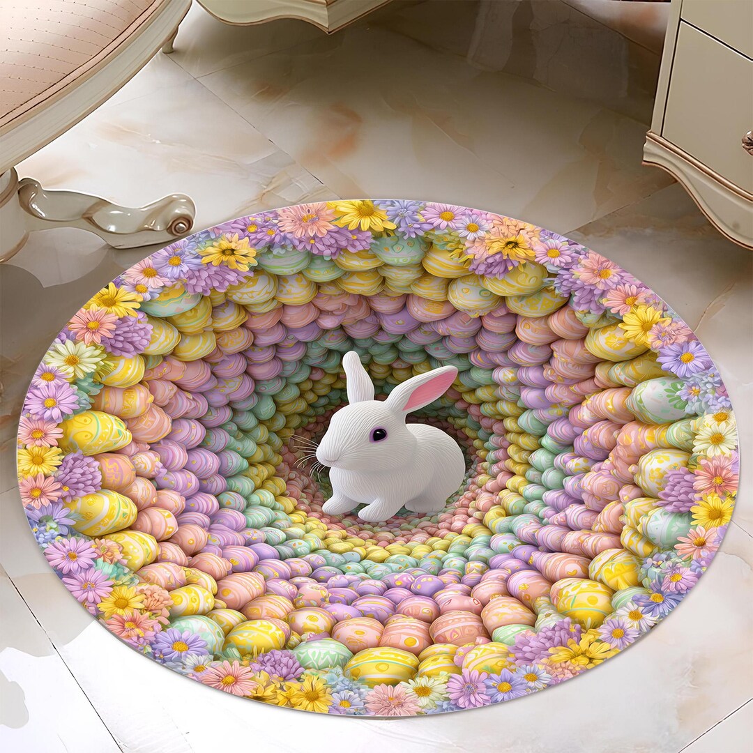 Round Easter Rug Easter Bunny Illusion Round Rug: 3D Egg Tunnel Carpet, Pastel Floral ...