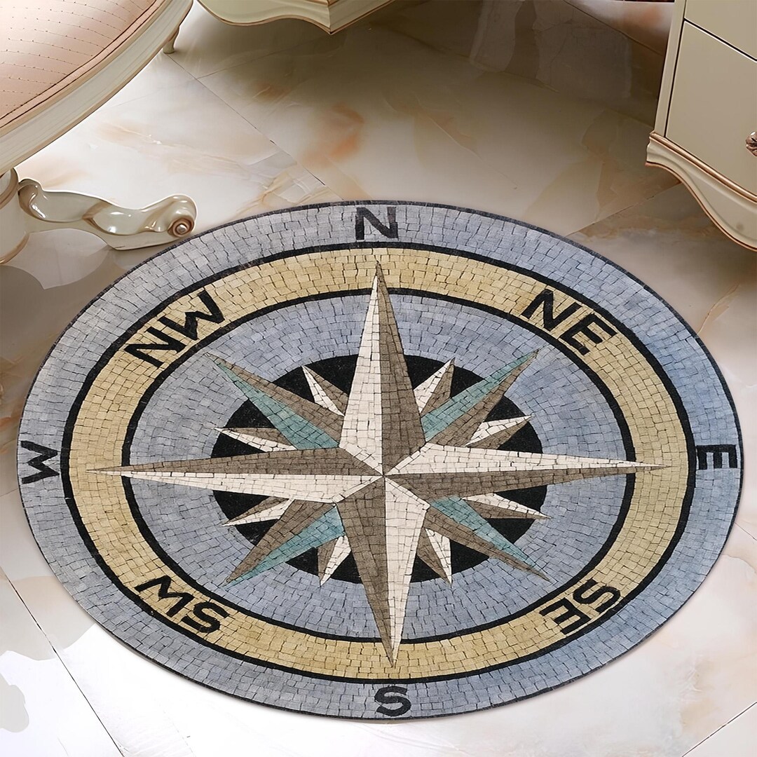 Compass Rose Round Rug: Nautical Mosaic, Coastal Home Decor - Etsy
