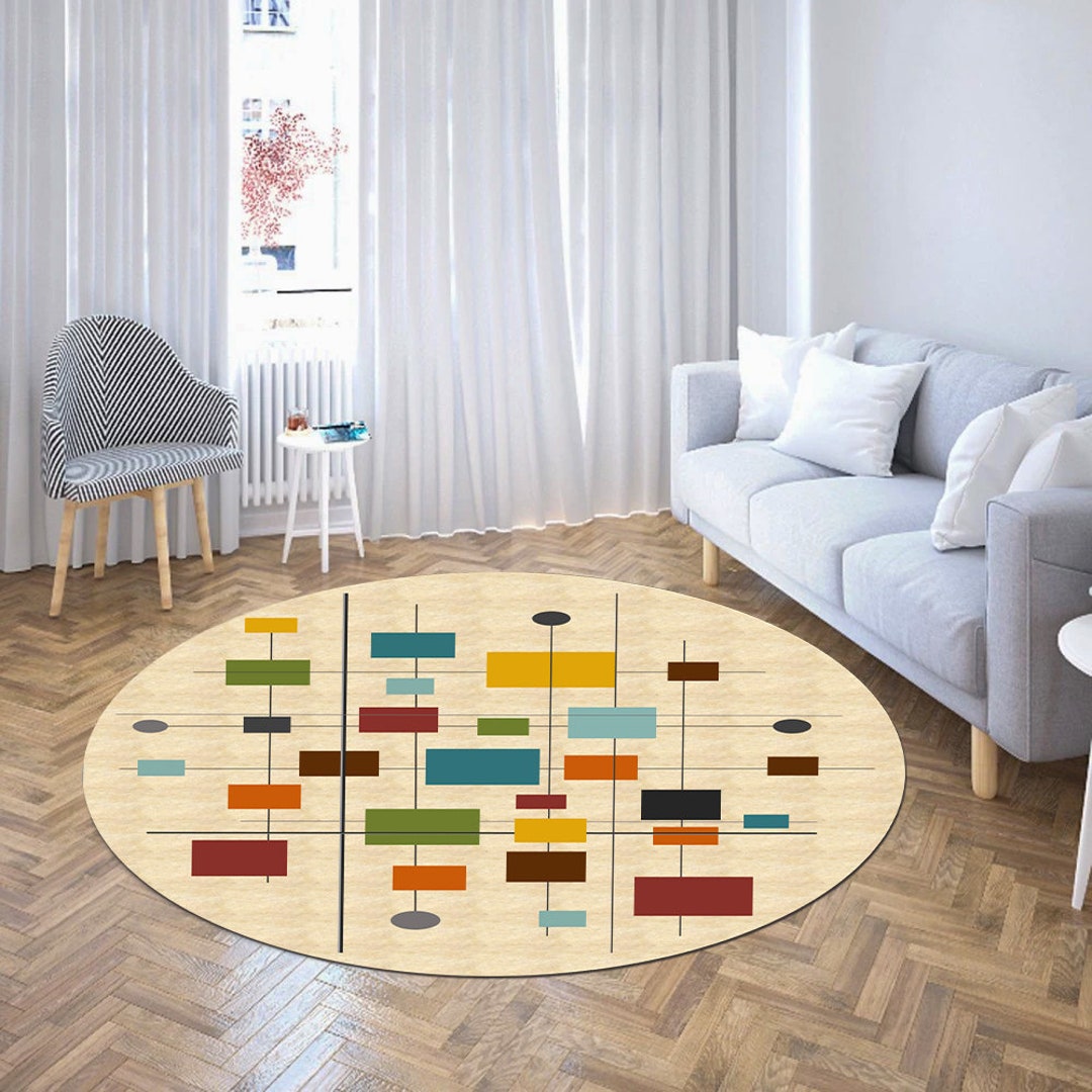 Mid Century Round Rug,modern Rug, Living Room Rug,area Rug, Abstract ...