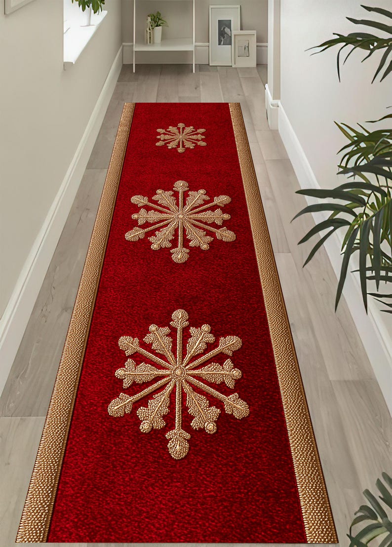 Christmas Gold Snowflake Rug: Red Runner Carpet, Elegant Holiday Design ...