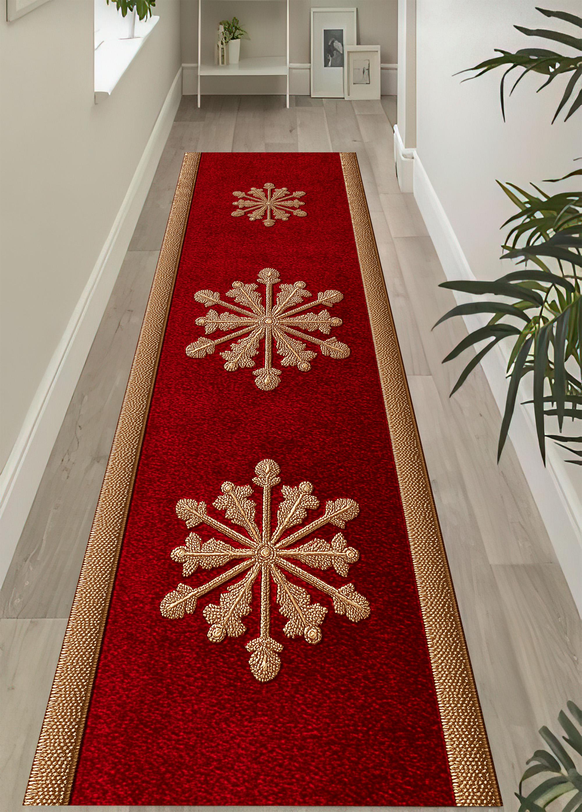 Christmas Gold Snowflake Rug: Red Runner Carpet, Elegant Holiday Design ...
