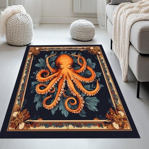 Framed Orange Octopus Rug: Washable Cotton Area Rug