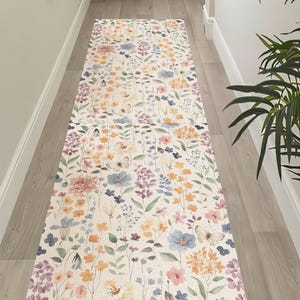 Boho Floral Runner Rug: Washable Cotton Woven Botanical Carpet