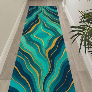 Abstract Ocean Waves Rug: Teal Turquoise Gold Lines Carpet, Modern Fluid Design, Artistic Home-Decor