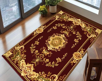 Vintage Burgundy Floral Rug: Elegant Gold Accent, Oriental Style