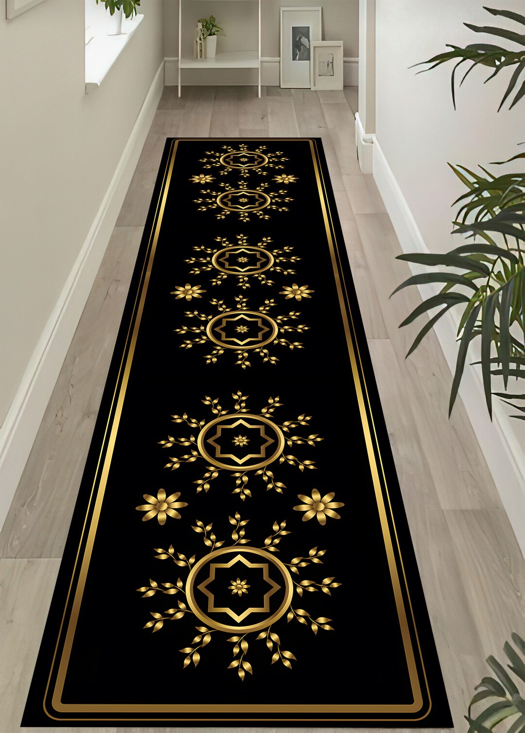 Gold Floral Black Runner Rug: Anti-slip Hallway Entry Rug - Etsy