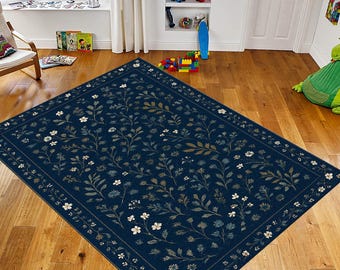 花柄オリエンタルラグ：ブルー柄、滑り止め、洗える - Etsy 日本