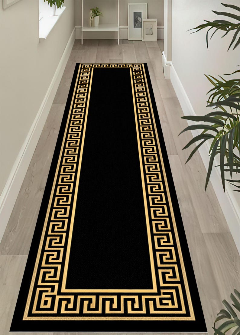 Greek Key Gold Rug Black Gold Greek Key Runner Rug: Minimalist Hallway Carpet, Luxury ...