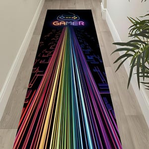 Neon Gamer Matta: Rainbow Light Trails Matta, Svart Cyber Grid Design, Gaming Inredningsstil