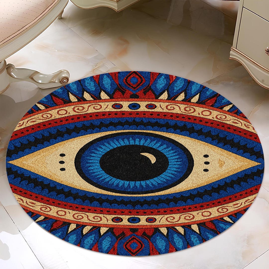 Evil Eye Area Rug: Round Bohemian Mystic Talisman, Cotton Woven - Etsy