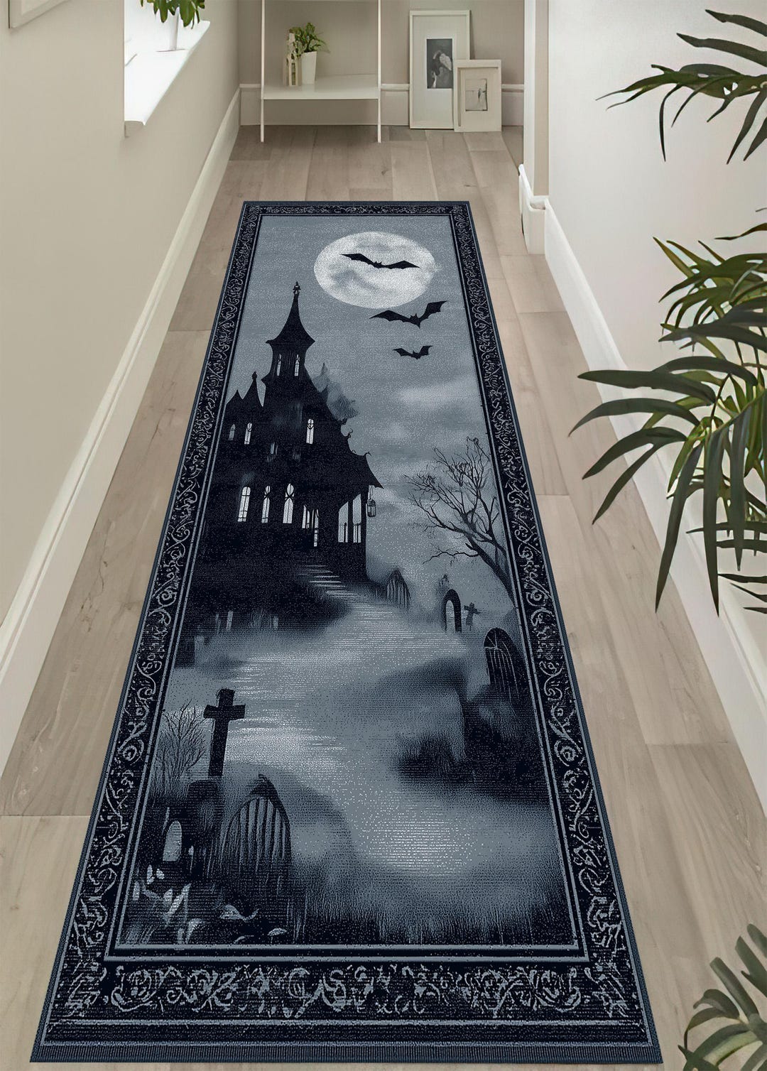 Haunted Mansion Rug: Gothic Halloween Decor, Full Moon Bats Design - Etsy