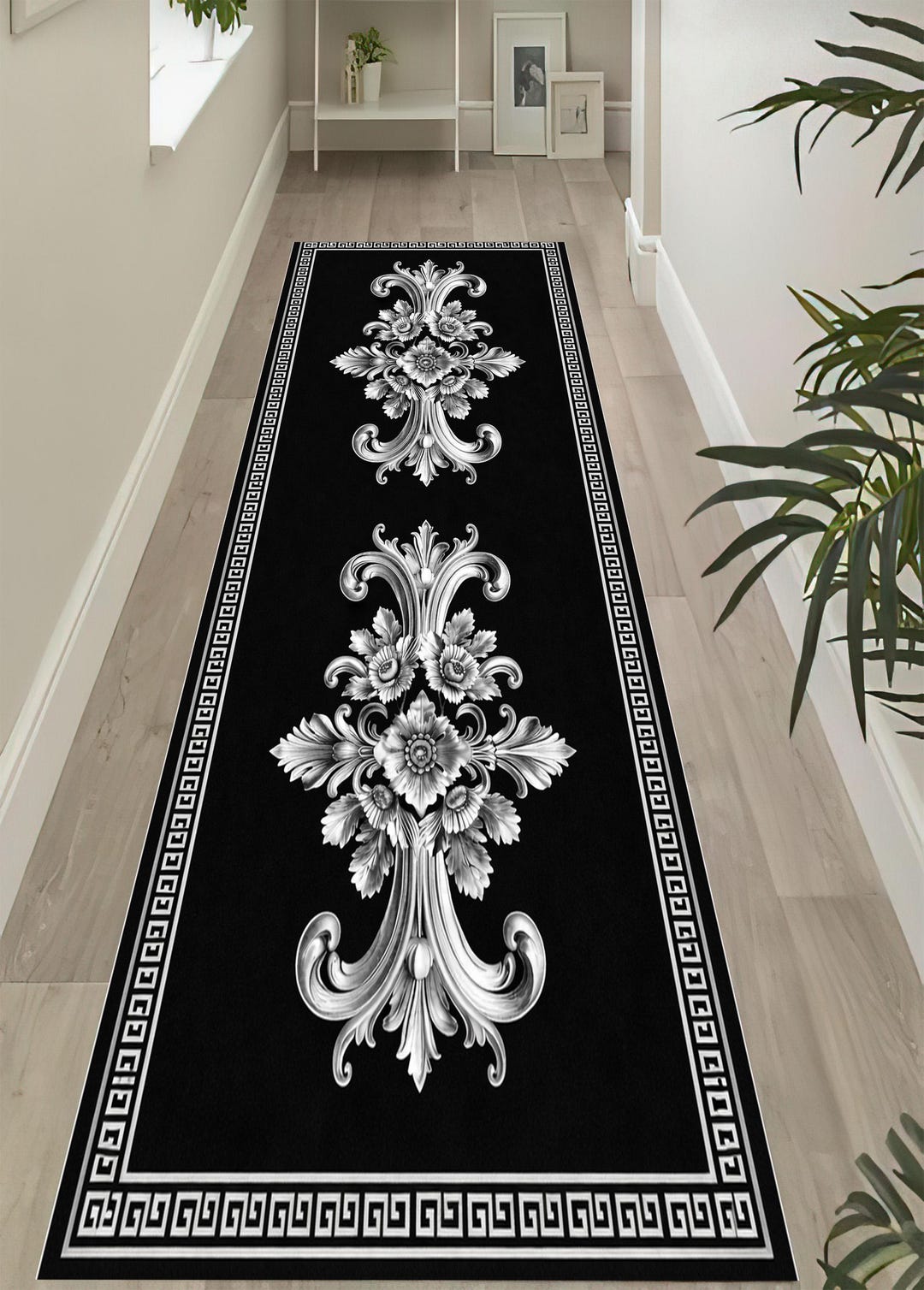 Silver Runner Rug Baroque Silver Scroll Runner Rug: Ornate Floral Pattern, Black ...