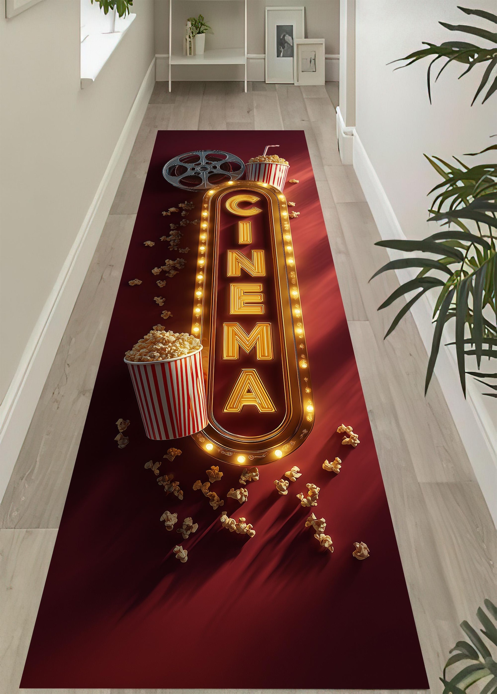 Popcorn Math Runner Rugs Cinema Popcorn Runner Rug: Retro Movie Theater Carpet, Neon Sign ...