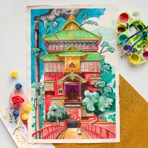 Chihiros Reise ins Zauberland Kunstdruck: Studio Ghibli Aquarellkunst, A3 Matte Papier