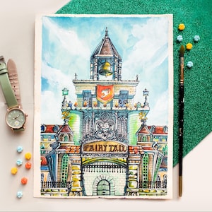 Fairy Tail Anime Guild House - Oryginalna akwarela Fanart A4 Wydruk