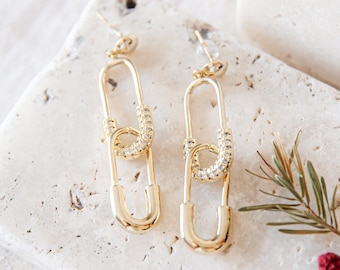 Double Safety Pin Pave Gold Plated Earring