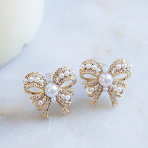 Pearl Bowtie Gold Plated Stud Earring