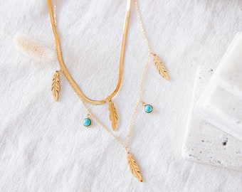 May include: A gold layered necklace with turquoise stones and feather charms. The necklace is on a white fabric background.