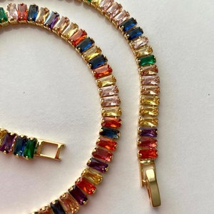 Rainbow Swarovski Crystal Baguette Tennis Choker Necklace Gold Plated