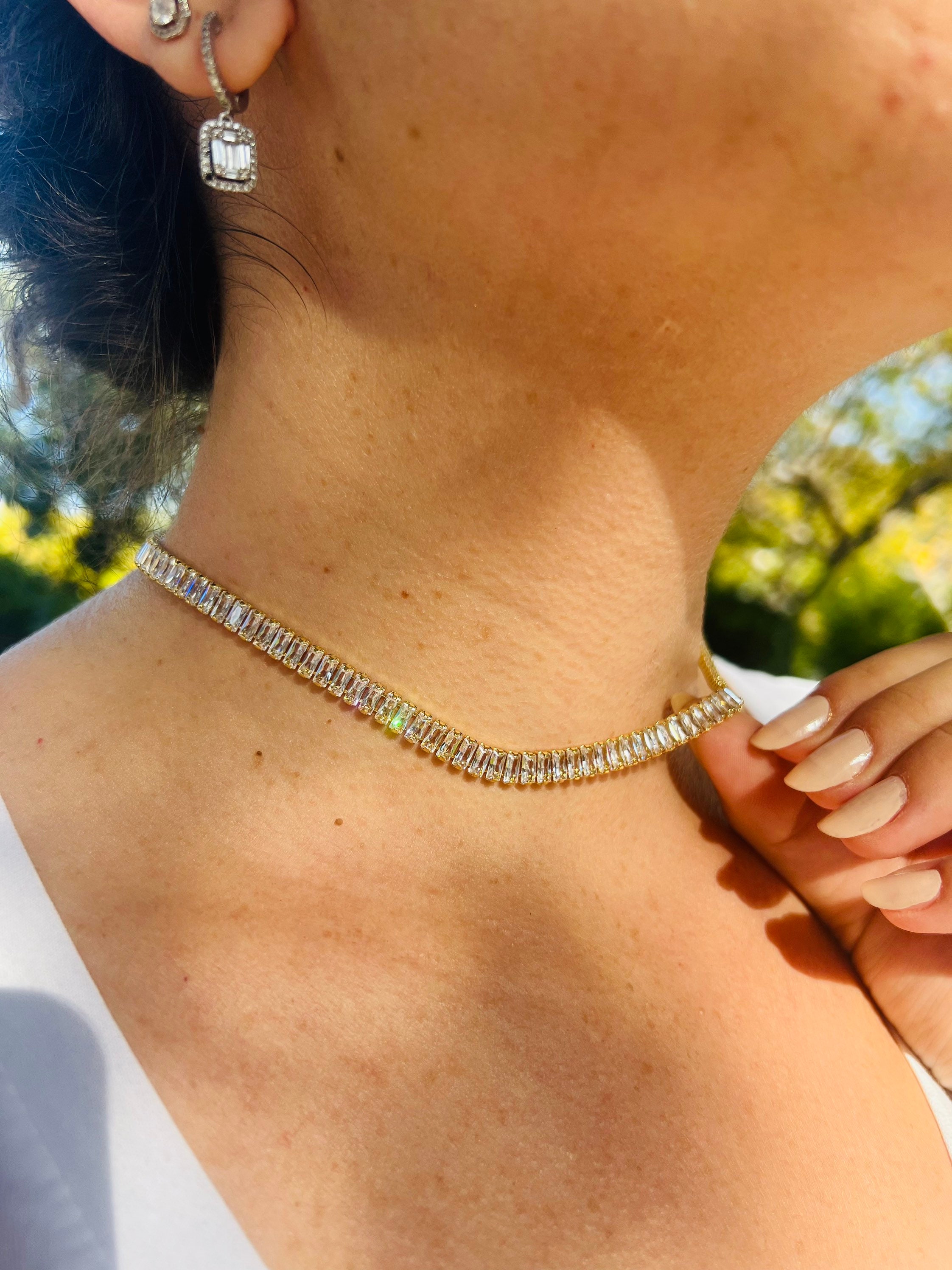 Swarovski Crystal Baguette Gold Plated Tennis Choker Necklace - Etsy