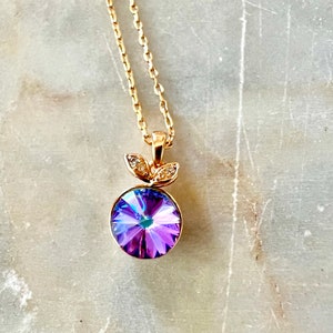 Purple Swarovski Crystal Pave Apple Round Cut Stainless Steel Rose Gold Plated Necklace