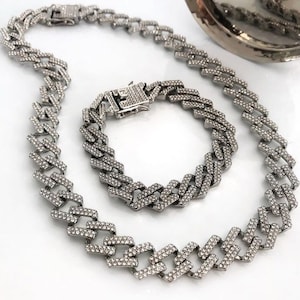 Cuban Link Chain Iced Out Pave Necklace and Bracelet Set
