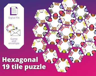 Printable hexagon 19 tile puzzle game with owls, Printable game for teens and adults, entertaining brain teaser, scramble honeycomb puzzle