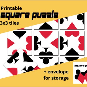 Afdrukbare puzzel 3x3 kaarten symbolen, PDF Instant Download met envelop, tegelspel 9 stuk, klauter vierkanten, neemt minimale ruimte in beslag