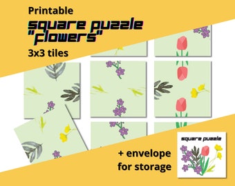 9 piece tile game  | Printable game | Print Puzzle 3x3 | Fun squares flowers | PDF Instant Download with envelope easy level summer activity