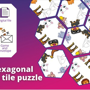May include: A digital file for a hexagonal 19-tile puzzle featuring cartoon animals like dogs, giraffes, and lions. The game includes an envelope icon. The background transitions from purple to pink.