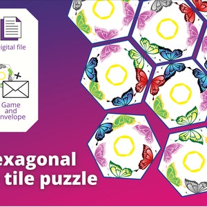Op de afbeelding: Een 19-delige hexagonale puzzel met kleurrijke vlinders met een geel centrum. De puzzel is gemaakt van dik karton en wordt geleverd met een digitaal bestand en een envelop.