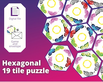 Printable hexagon 19 tile puzzle game with butterfly pattern, cute Printable game for teens and adults, brain teaser, logic puzzle for print