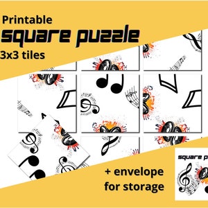 9 Teile Puzzle Quadrate zum Ausdrucken für Kinder, druckbare Denksportaufgabe mit Umschlag zum Aufbewahren, Noten, Notenblatt, Violinschlüssel