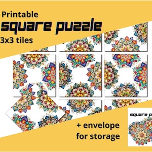 May include: Printable square puzzle with a 3x3 tile layout featuring colorful mandala designs. The puzzle comes with an envelope for storage.